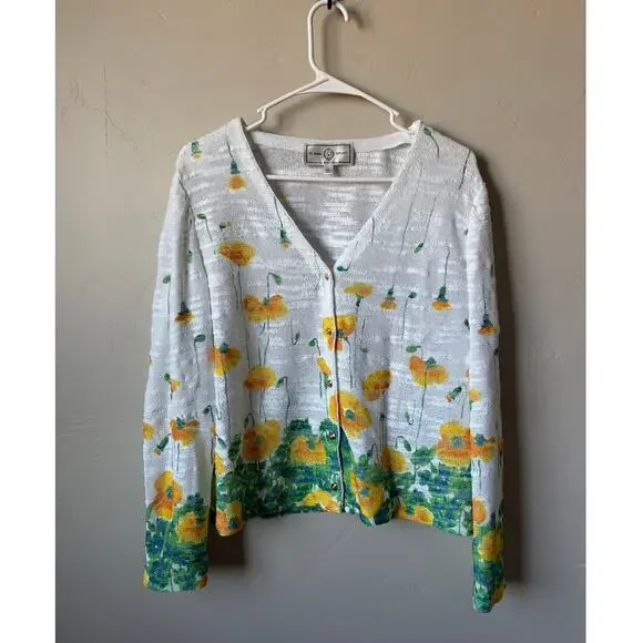St. John Sport Floral Light Weight Knit Gold-Tone Button Cardigan Sz L Whimsical